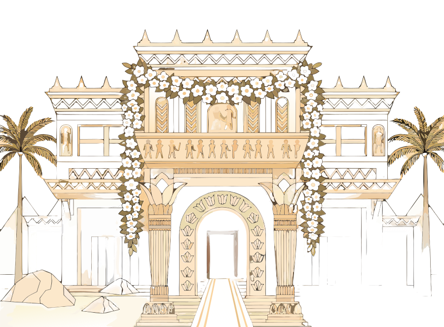 An illustrated wedding structure drawn to a couple's theme
